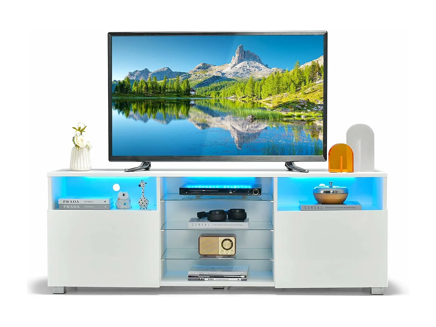 Meuble tv avec éclairage led 20 couleurs, 2 compartiments, meuble pour tv 60", blanc