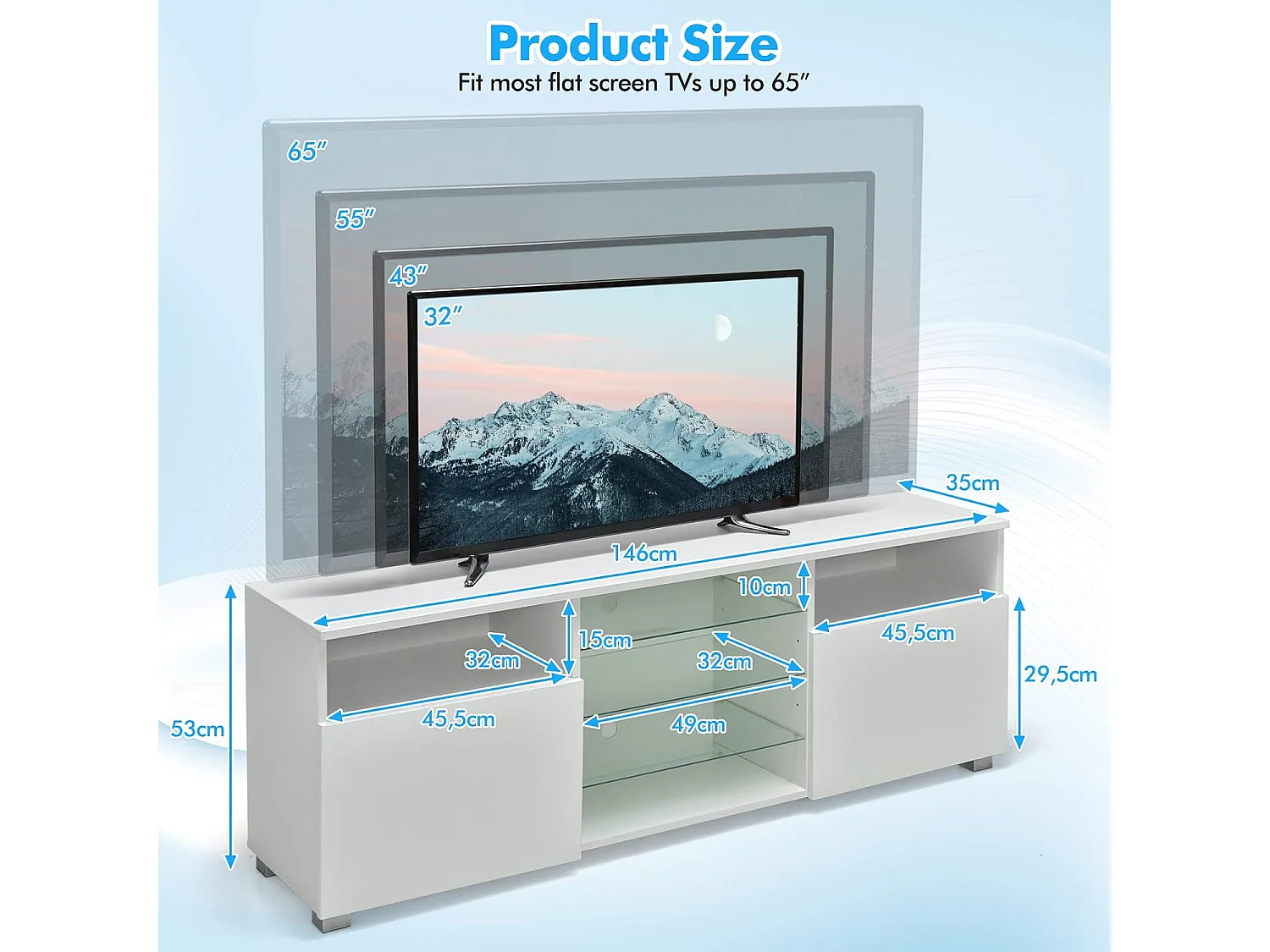 Meuble tv avec éclairage led 20 couleurs, 2 compartiments, meuble pour tv 60", blanc