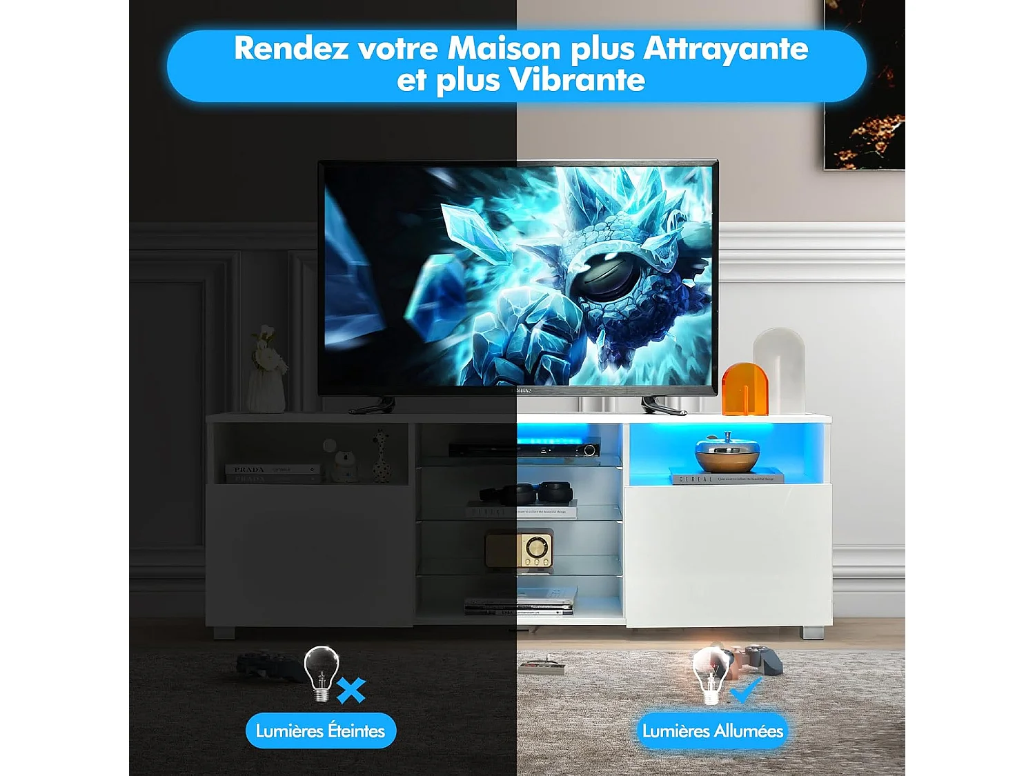 Meuble tv avec éclairage led 20 couleurs, 2 compartiments, meuble pour tv 60", blanc