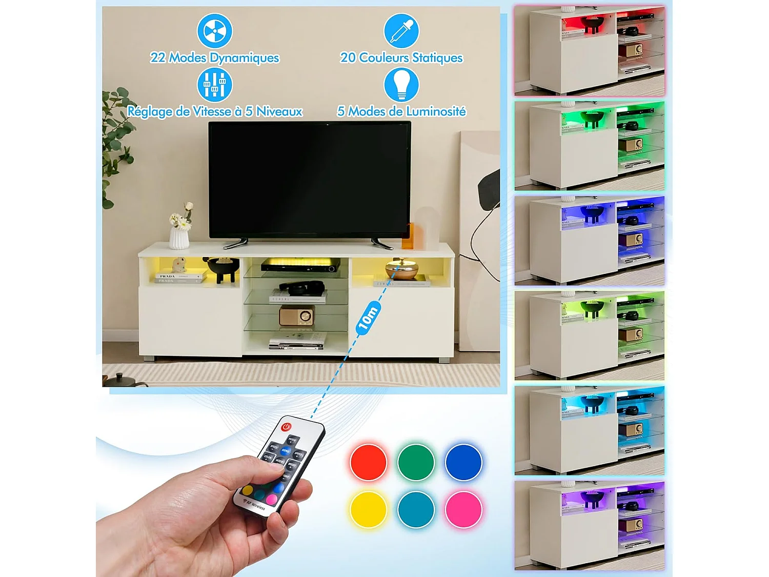 Meuble tv avec éclairage led 20 couleurs, 2 compartiments, meuble pour tv 60", blanc