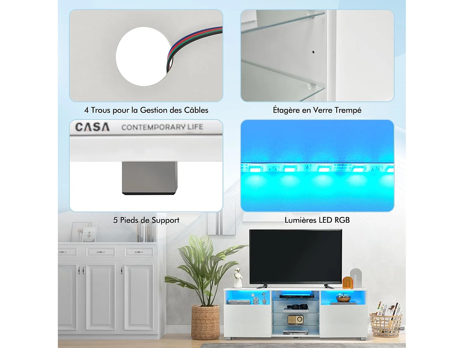 Meuble tv avec éclairage led 20 couleurs, 2 compartiments, meuble pour tv 60", blanc