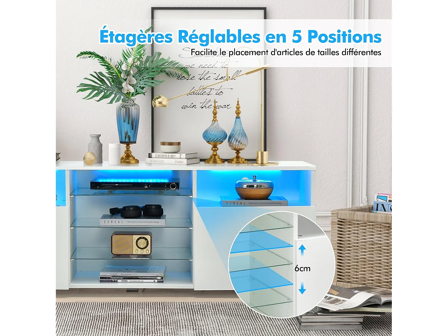 Meuble tv avec éclairage led 20 couleurs, 2 compartiments, meuble pour tv 60", blanc