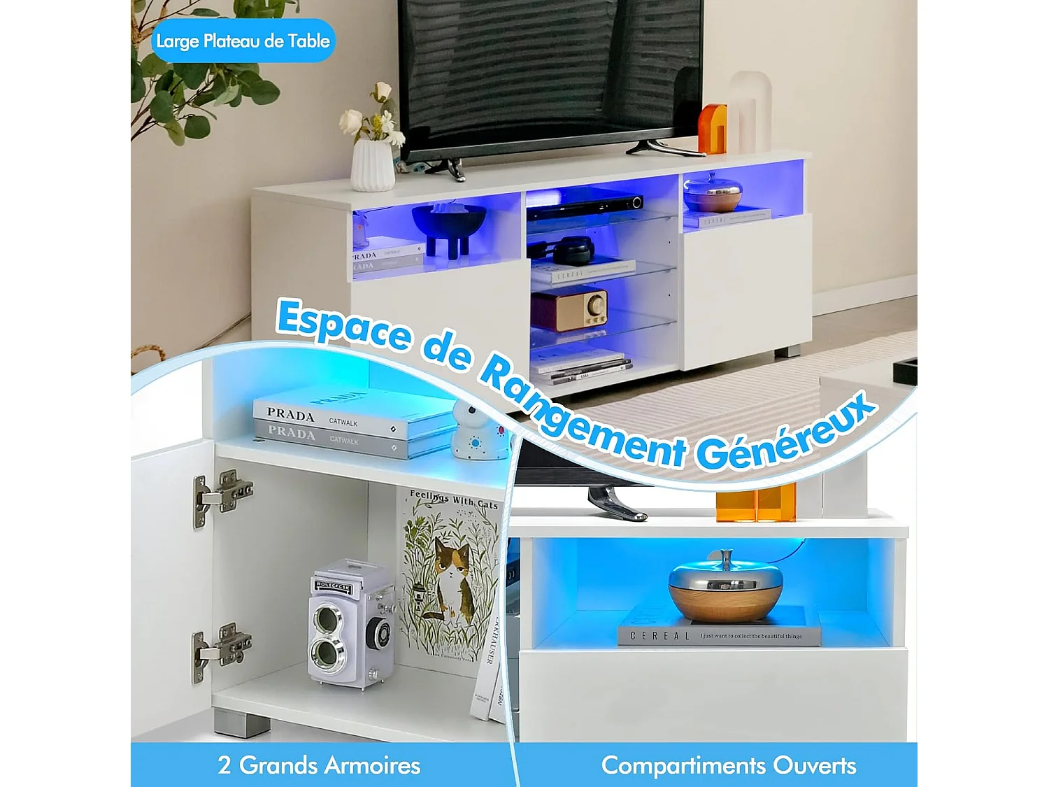 Meuble tv avec éclairage led 20 couleurs, 2 compartiments, meuble pour tv 60", blanc