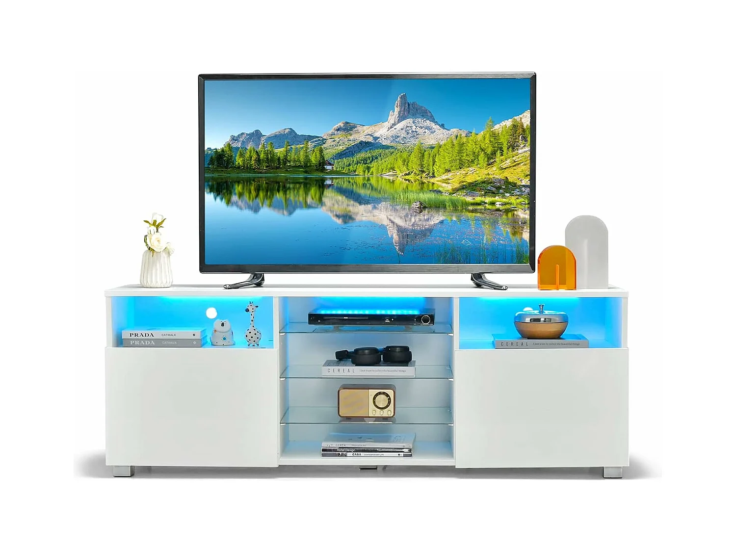 Meuble tv avec éclairage led 20 couleurs, 2 compartiments, meuble pour tv 60", blanc