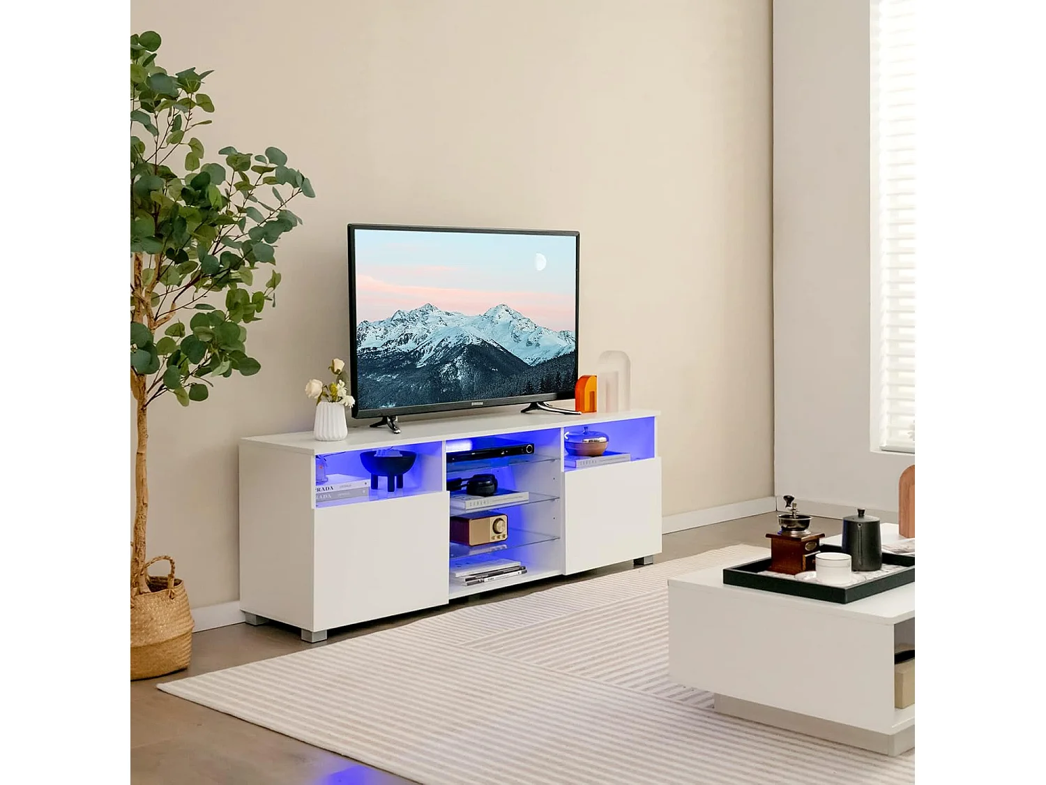 Meuble tv avec éclairage led 20 couleurs, 2 compartiments, meuble pour tv 60", blanc
