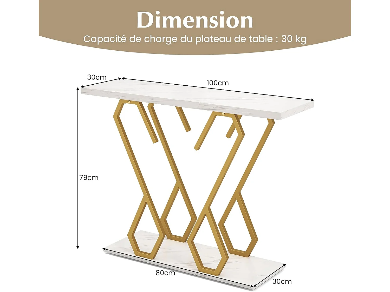 Table console, meuble d'entrée en faux marbre avec étagère 100 x 30 x 80 cm