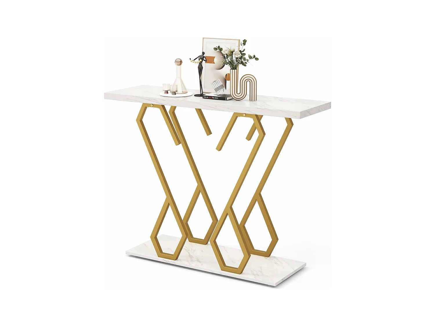Table console, meuble d'entrée en faux marbre avec étagère 100 x 30 x 80 cm