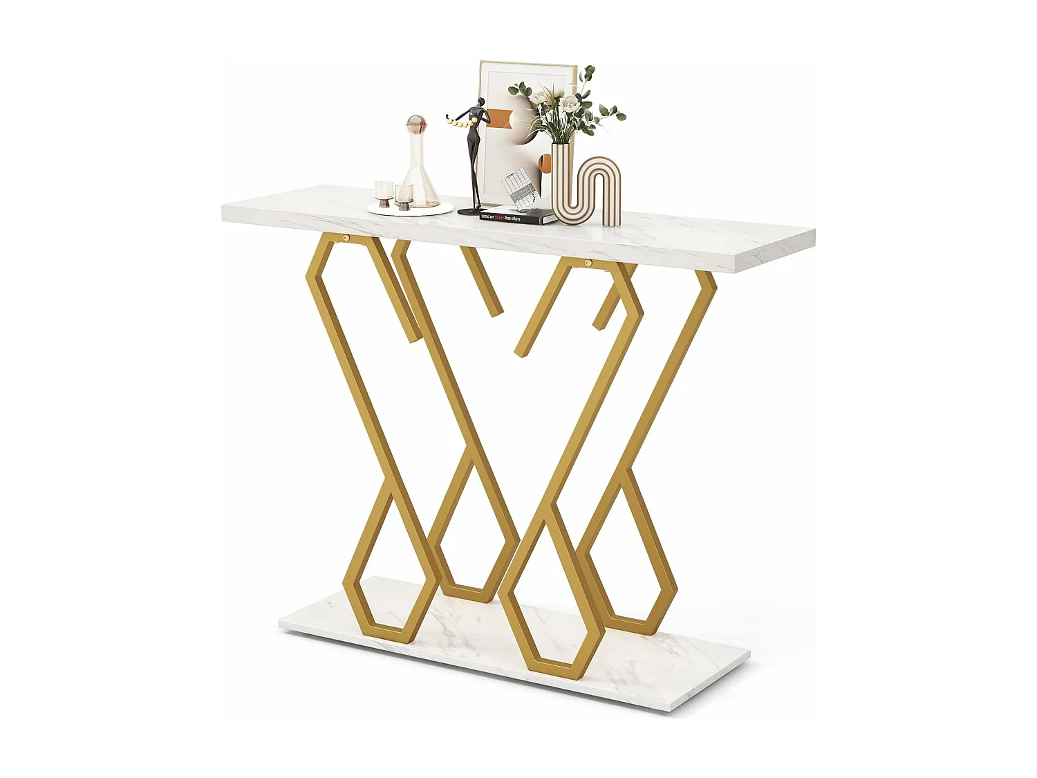 Table console, meuble d'entrée en faux marbre avec étagère 100 x 30 x 80 cm