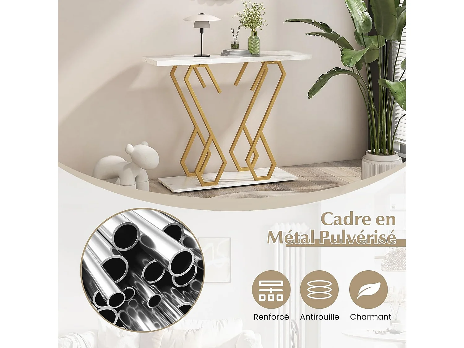 Table console, meuble d'entrée en faux marbre avec étagère 100 x 30 x 80 cm