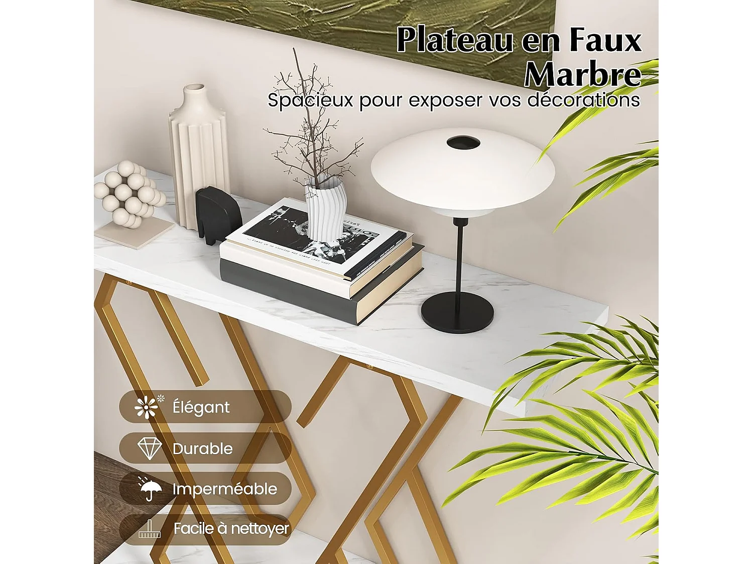 Table console, meuble d'entrée en faux marbre avec étagère 100 x 30 x 80 cm