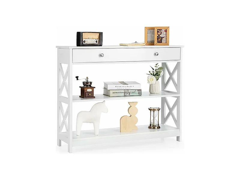 Table de Console à 3 Niveaux, Console Meuble avec Tiroir et 2 Étagères de Rangement de Motif en X, Console Entrée pour Couloir, Salon, Entrée, 100x30x80CM (Blanc)