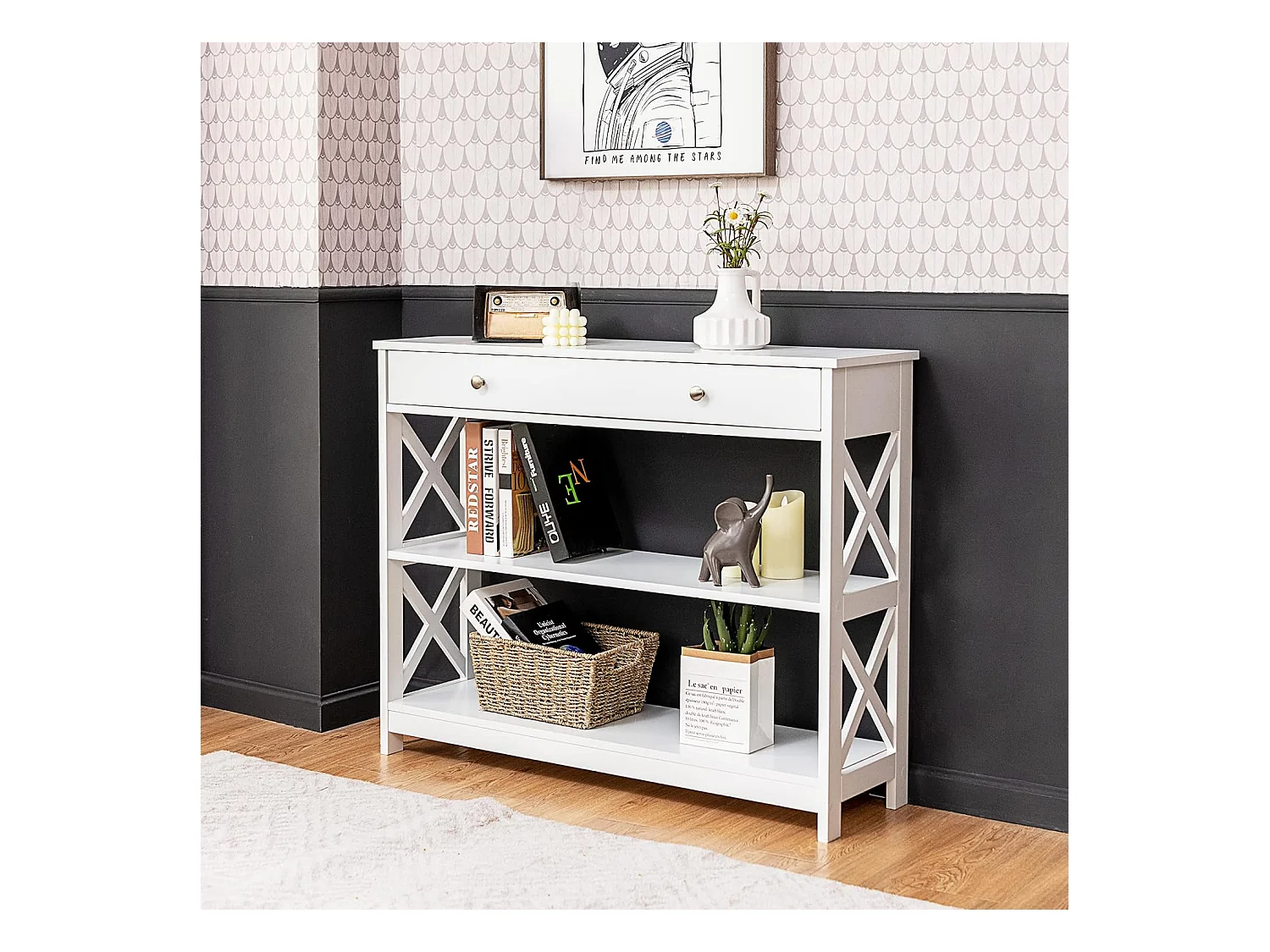 Table de Console à 3 Niveaux, Console Meuble avec Tiroir et 2 Étagères de Rangement de Motif en X, Console Entrée pour Couloir, Salon, Entrée, 100x30x80CM (Blanc)