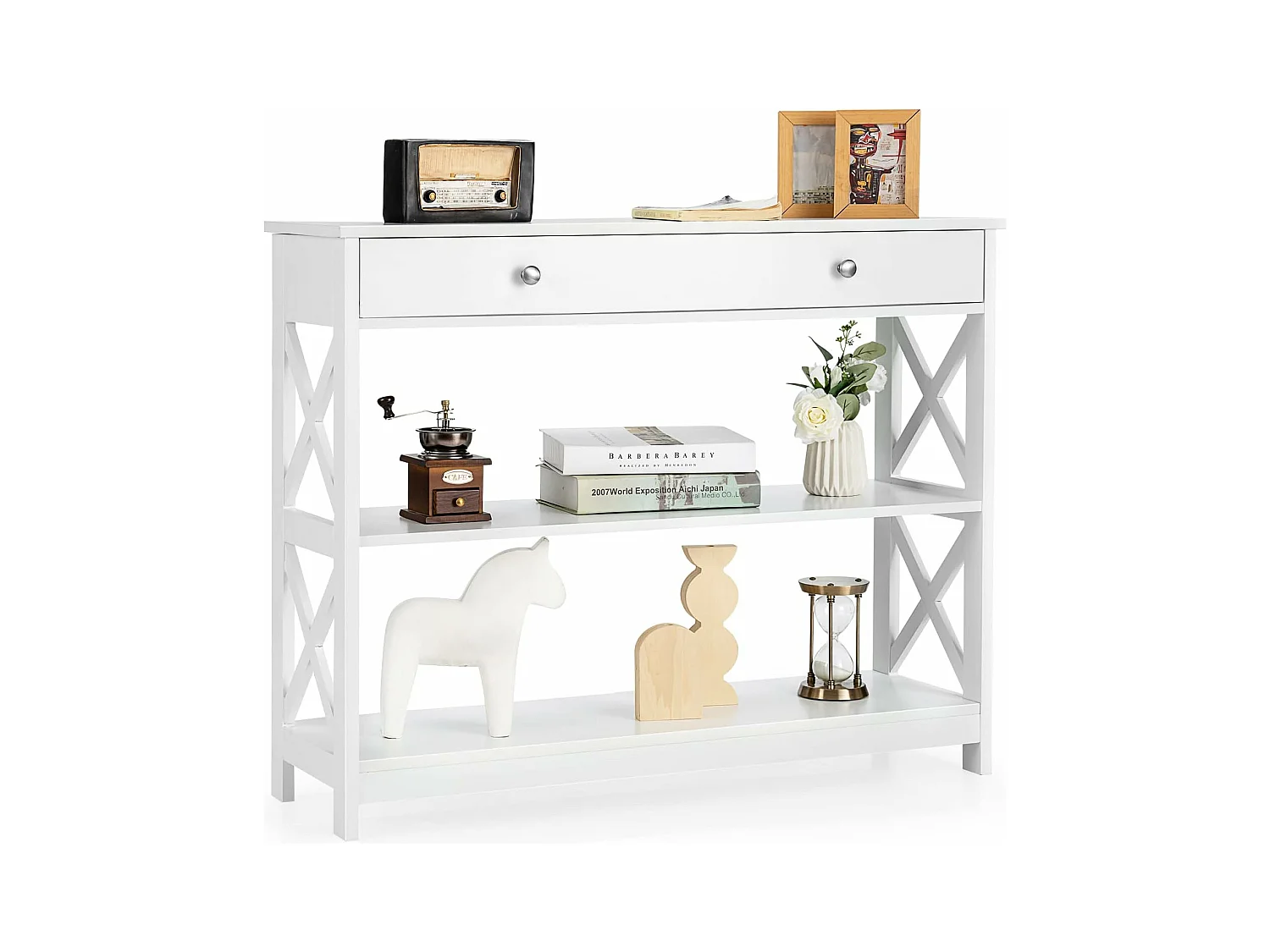 Table de Console à 3 Niveaux, Console Meuble avec Tiroir et 2 Étagères de Rangement de Motif en X, Console Entrée pour Couloir, Salon, Entrée, 100x30x80CM (Blanc)