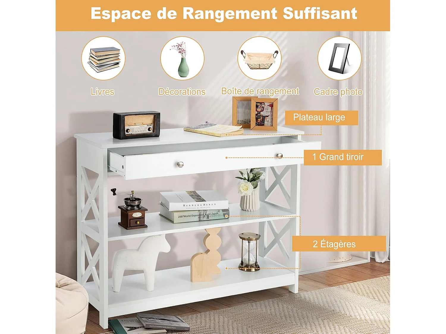Table de Console à 3 Niveaux, Console Meuble avec Tiroir et 2 Étagères de Rangement de Motif en X, Console Entrée pour Couloir, Salon, Entrée, 100x30x80CM (Blanc)