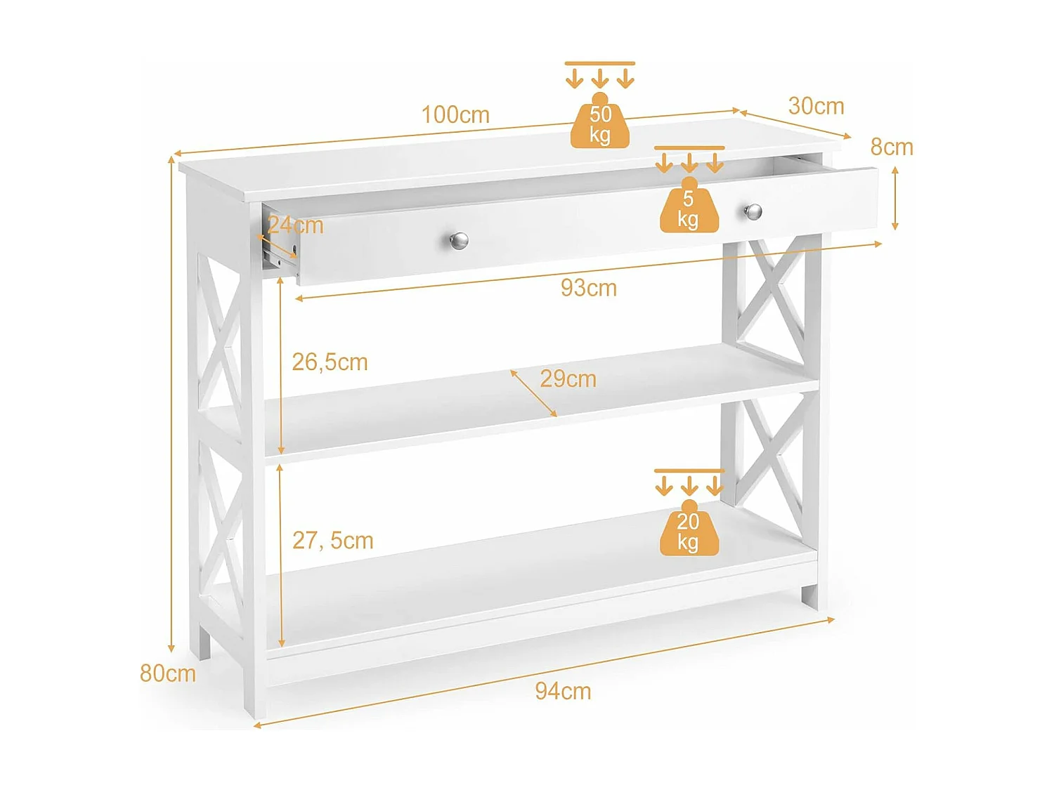 Table de Console à 3 Niveaux, Console Meuble avec Tiroir et 2 Étagères de Rangement de Motif en X, Console Entrée pour Couloir, Salon, Entrée, 100x30x80CM (Blanc)