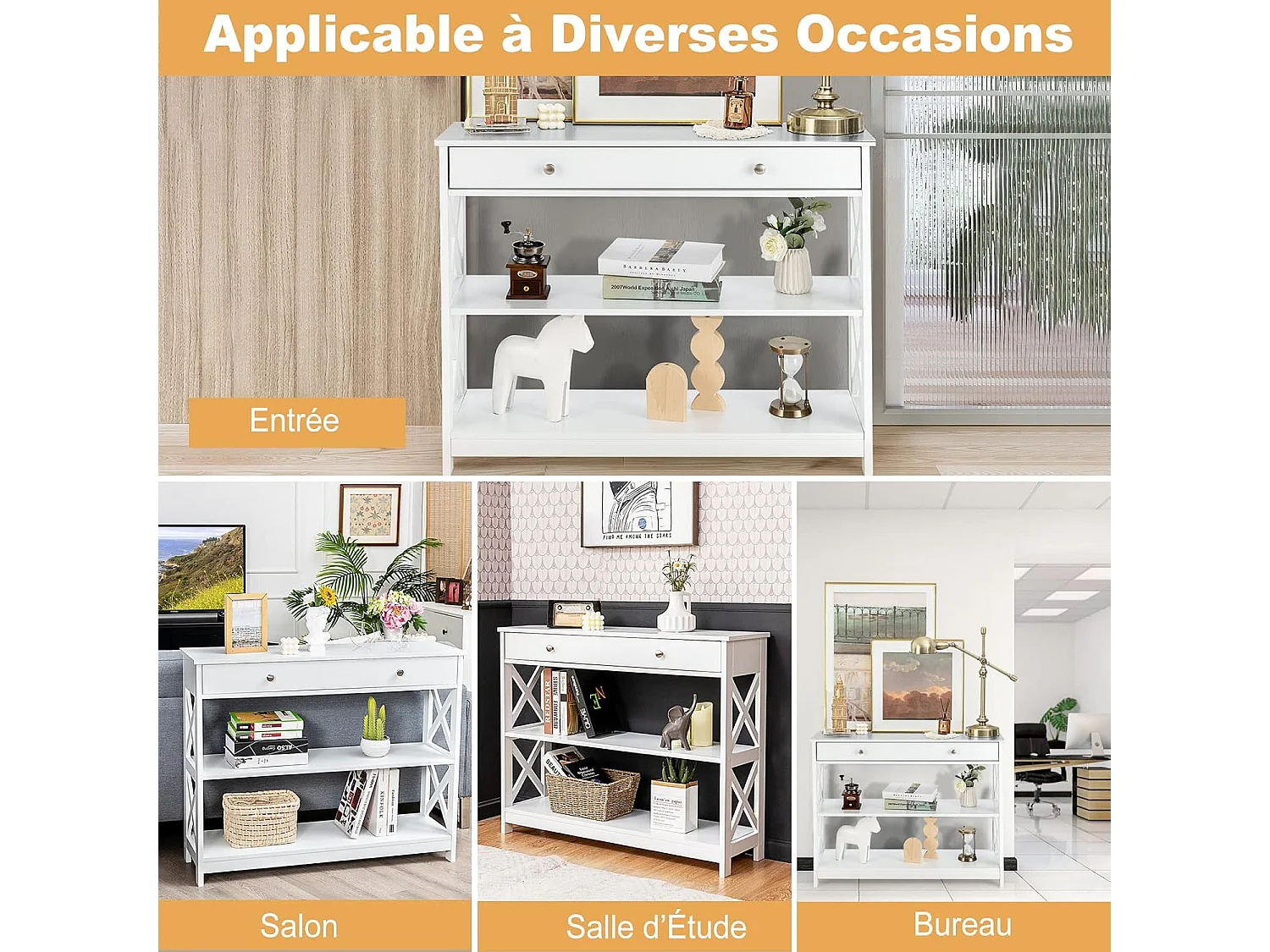 Table de Console à 3 Niveaux, Console Meuble avec Tiroir et 2 Étagères de Rangement de Motif en X, Console Entrée pour Couloir, Salon, Entrée, 100x30x80CM (Blanc)