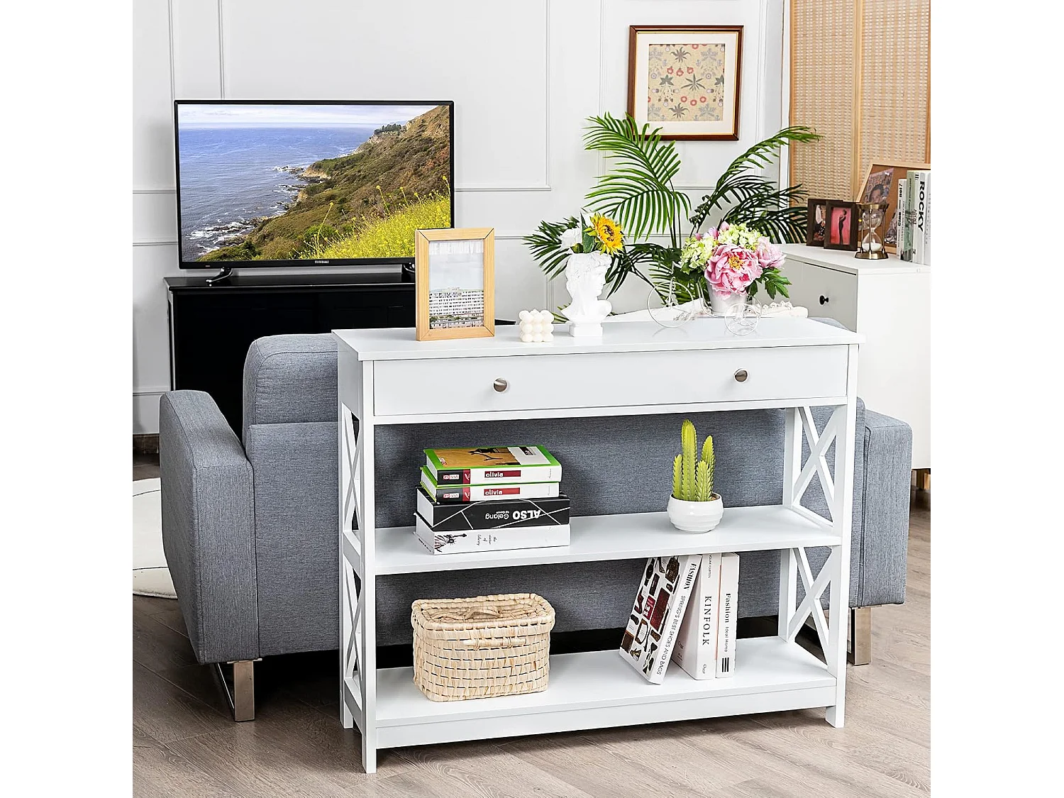 Table de Console à 3 Niveaux, Console Meuble avec Tiroir et 2 Étagères de Rangement de Motif en X, Console Entrée pour Couloir, Salon, Entrée, 100x30x80CM (Blanc)