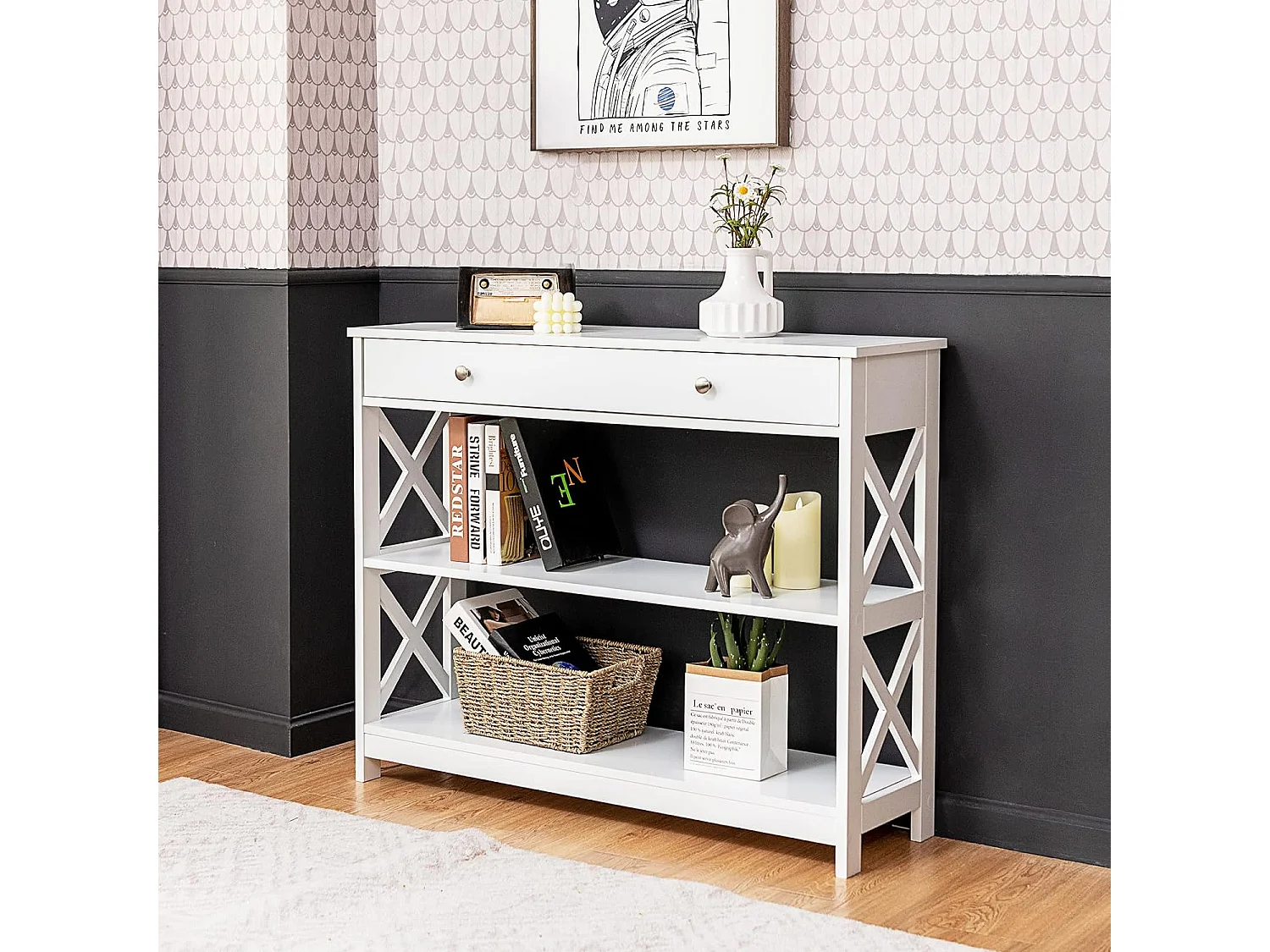 Table de Console à 3 Niveaux, Console Meuble avec Tiroir et 2 Étagères de Rangement de Motif en X, Console Entrée pour Couloir, Salon, Entrée, 100x30x80CM (Blanc)