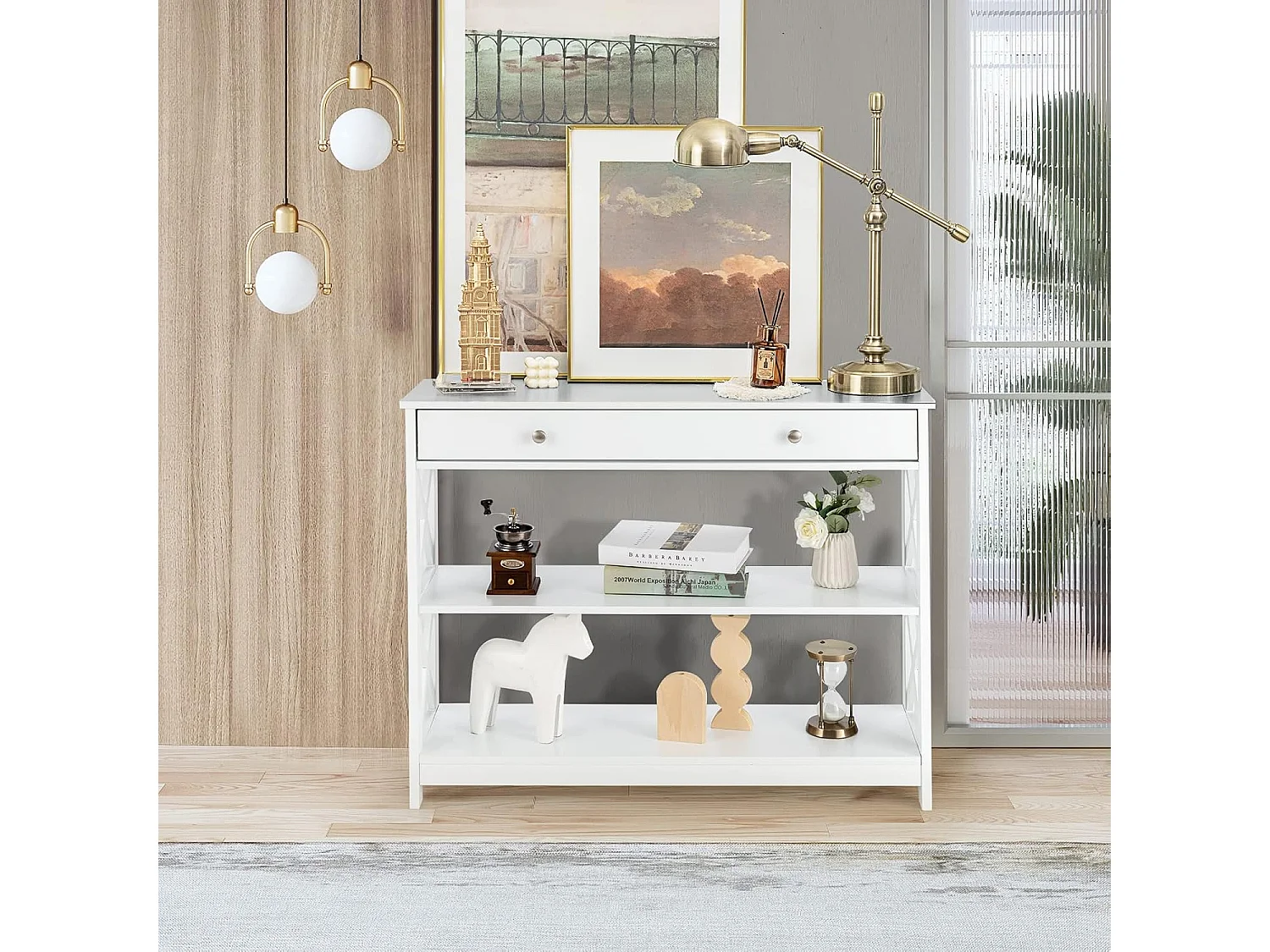 Table de Console à 3 Niveaux, Console Meuble avec Tiroir et 2 Étagères de Rangement de Motif en X, Console Entrée pour Couloir, Salon, Entrée, 100x30x80CM (Blanc)