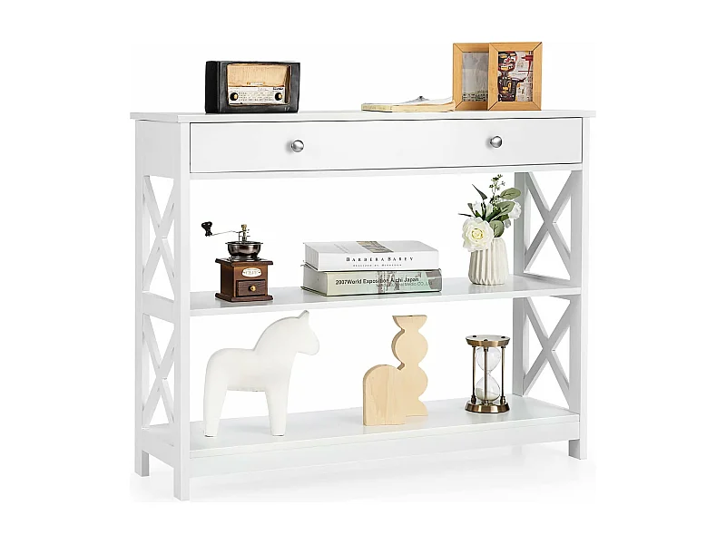 3-laags consoletafel, meubelconsole met lade en 2 X-patroon opbergplanken, entreeconsole voor gang, woonkamer, entree, 100x30x80CM (wit)