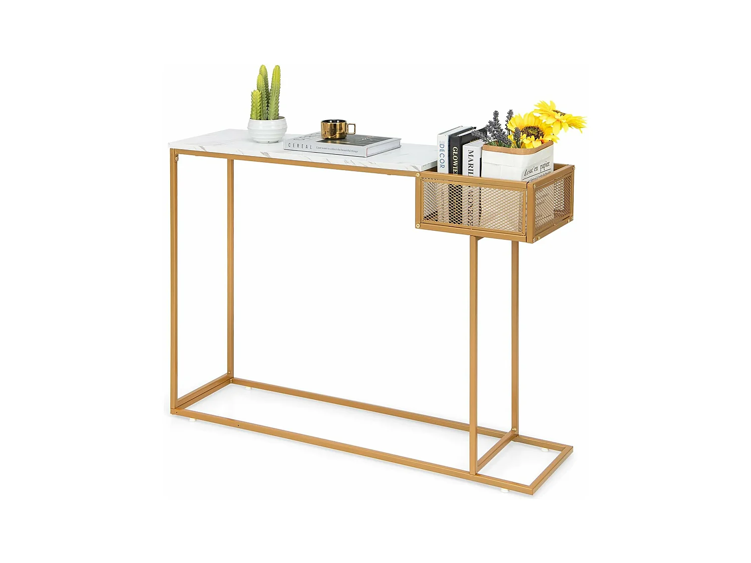 Table Console, en Faux Marbre, Cadre en Métal Doré, Compartiment Latéral,110 x 30 x 80 cm