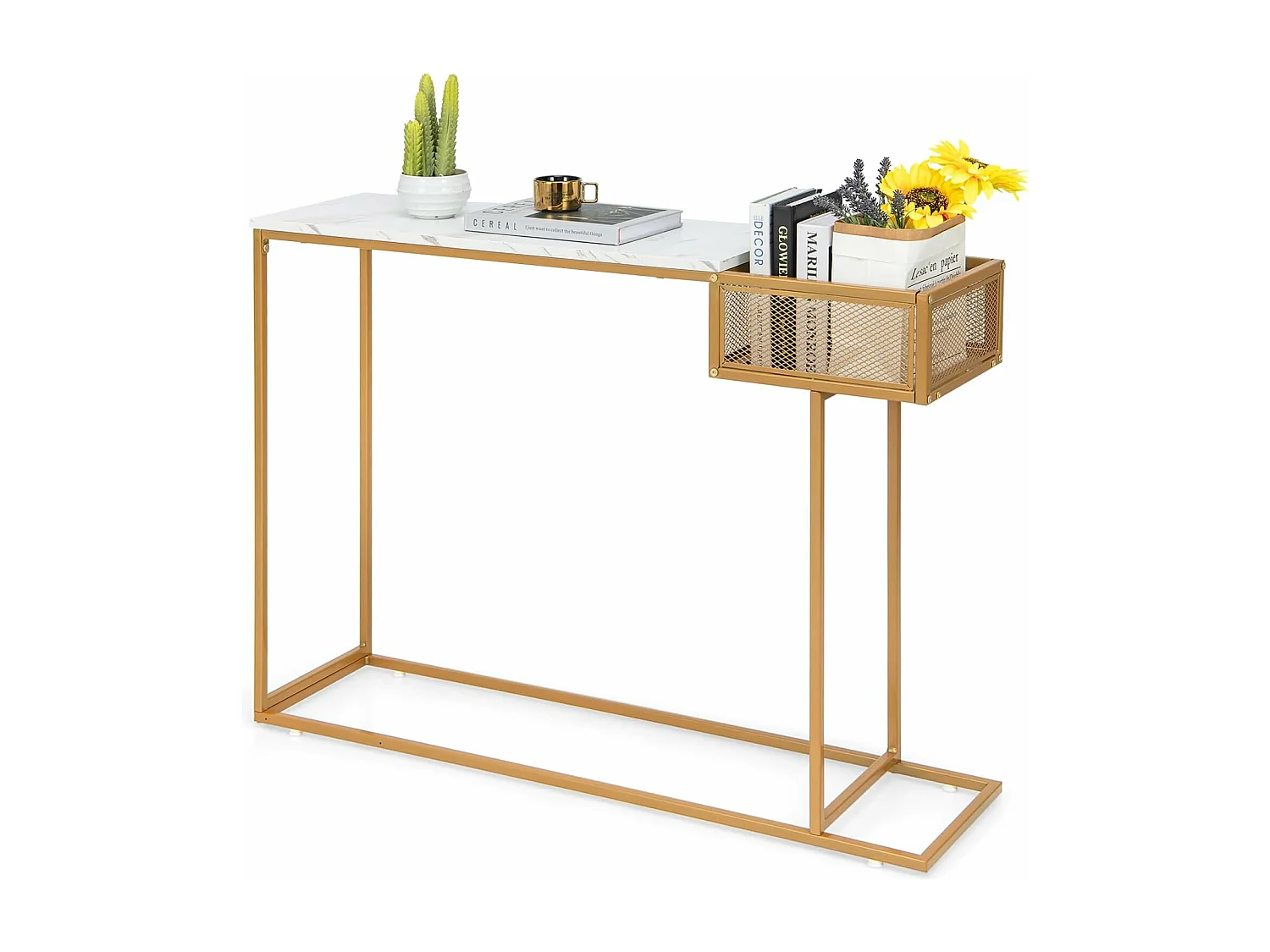 Table Console, en Faux Marbre, Cadre en Métal Doré, Compartiment Latéral,110 x 30 x 80 cm