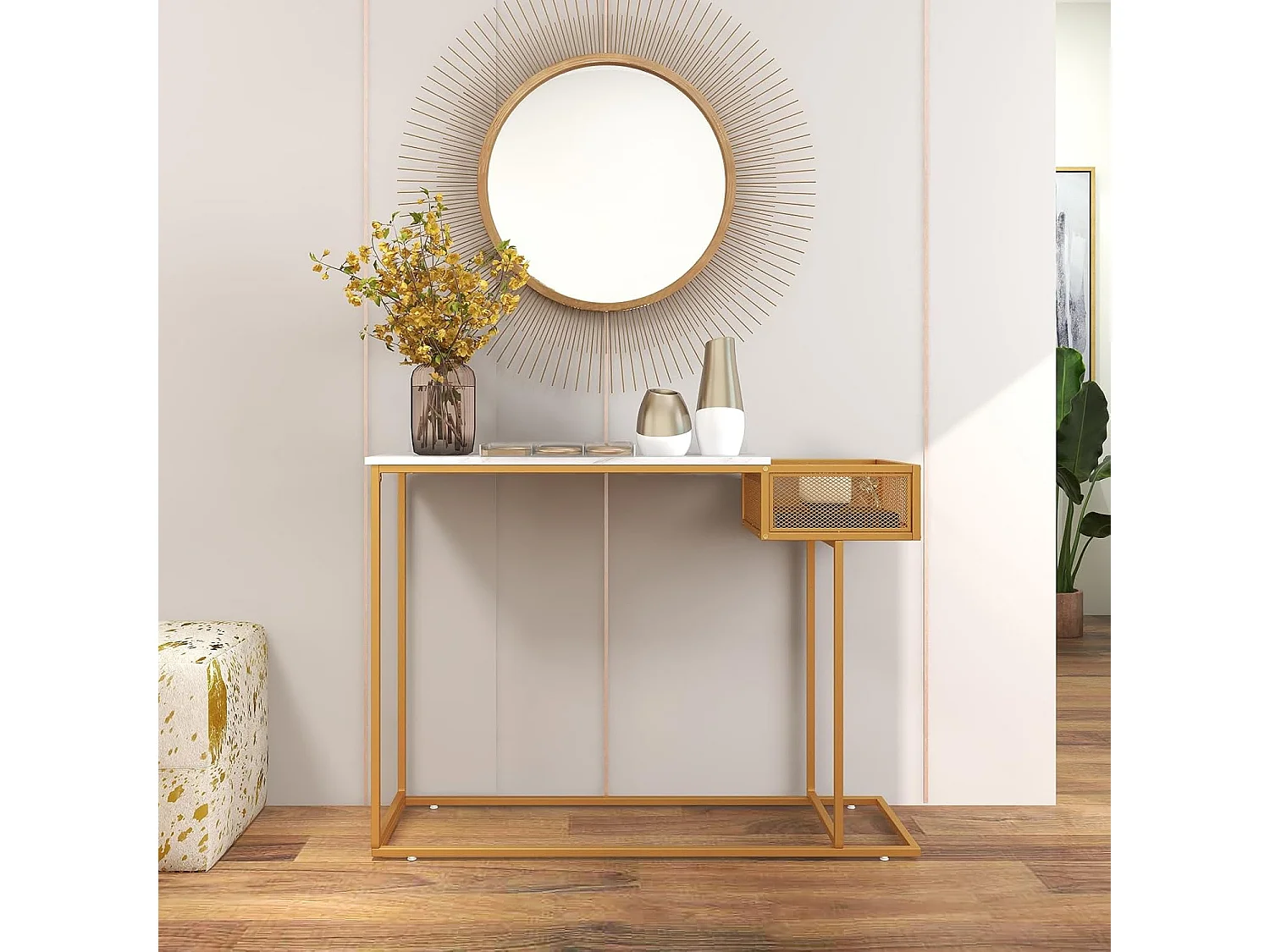 Table Console, en Faux Marbre, Cadre en Métal Doré, Compartiment Latéral,110 x 30 x 80 cm