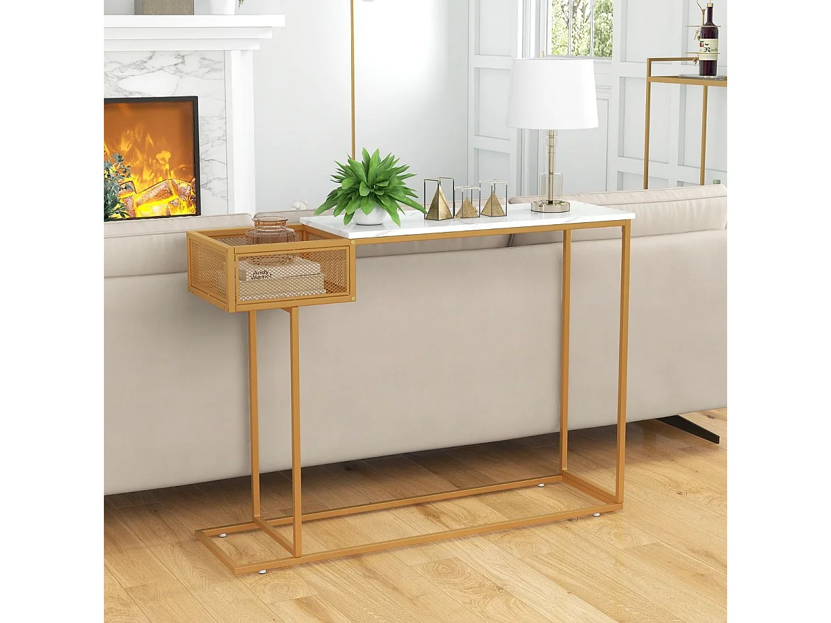 Table Console, en Faux Marbre, Cadre en Métal Doré, Compartiment Latéral,110 x 30 x 80 cm