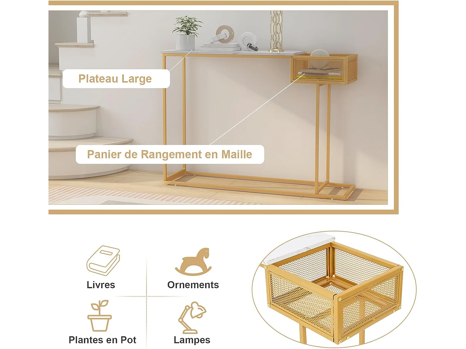 Table Console, en Faux Marbre, Cadre en Métal Doré, Compartiment Latéral,110 x 30 x 80 cm