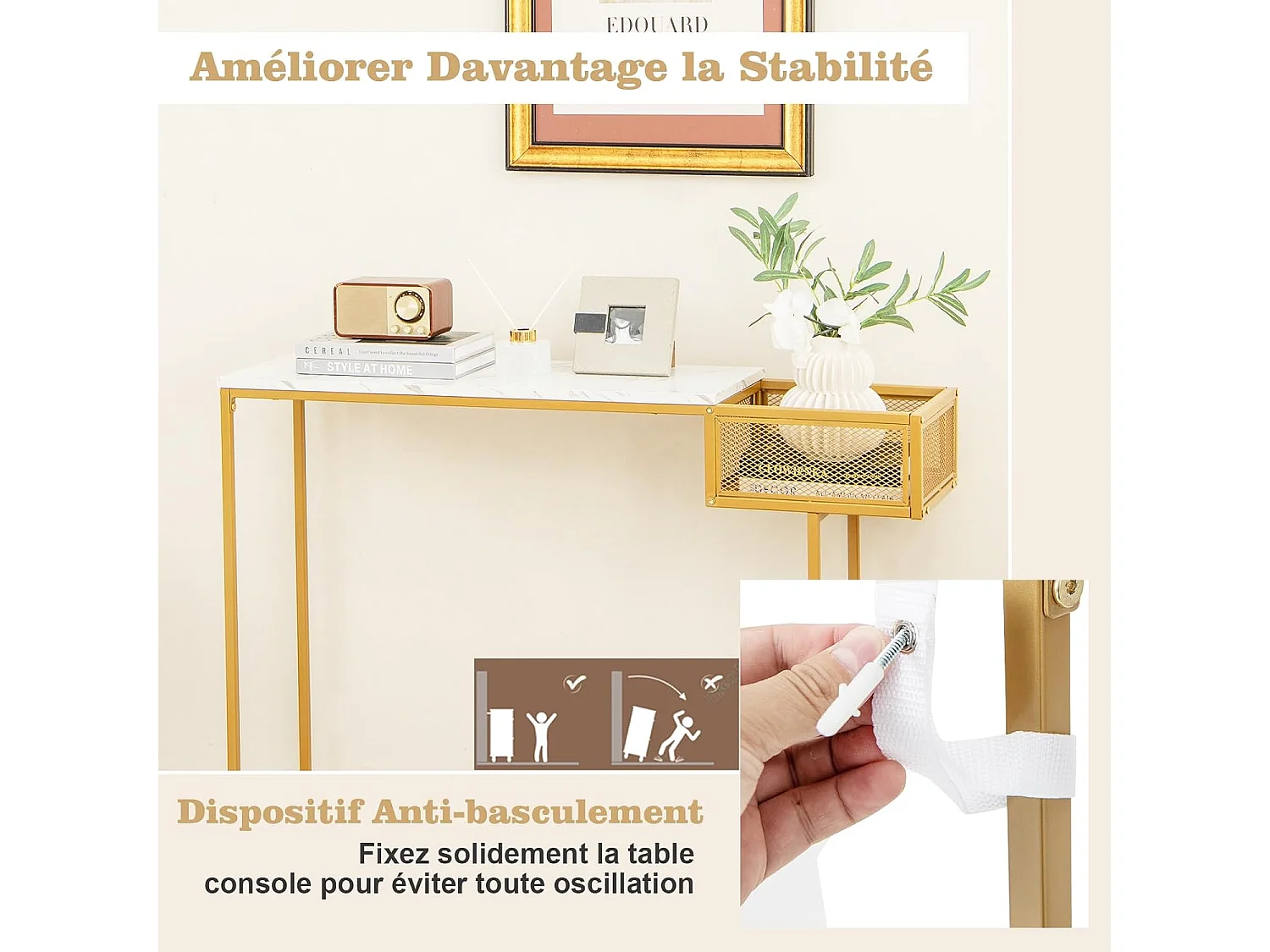 Table Console, en Faux Marbre, Cadre en Métal Doré, Compartiment Latéral,110 x 30 x 80 cm