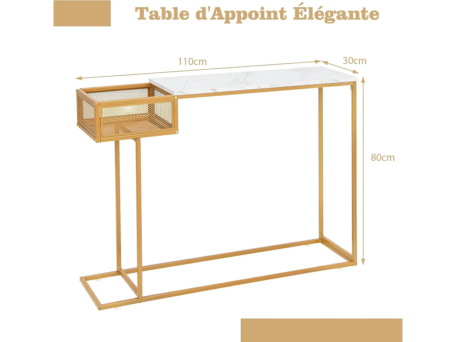 Table Console, en Faux Marbre, Cadre en Métal Doré, Compartiment Latéral,110 x 30 x 80 cm