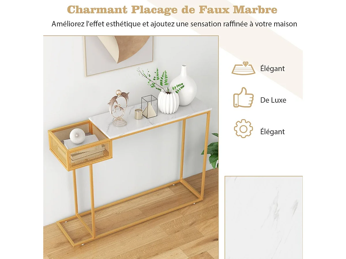 Table Console, en Faux Marbre, Cadre en Métal Doré, Compartiment Latéral,110 x 30 x 80 cm