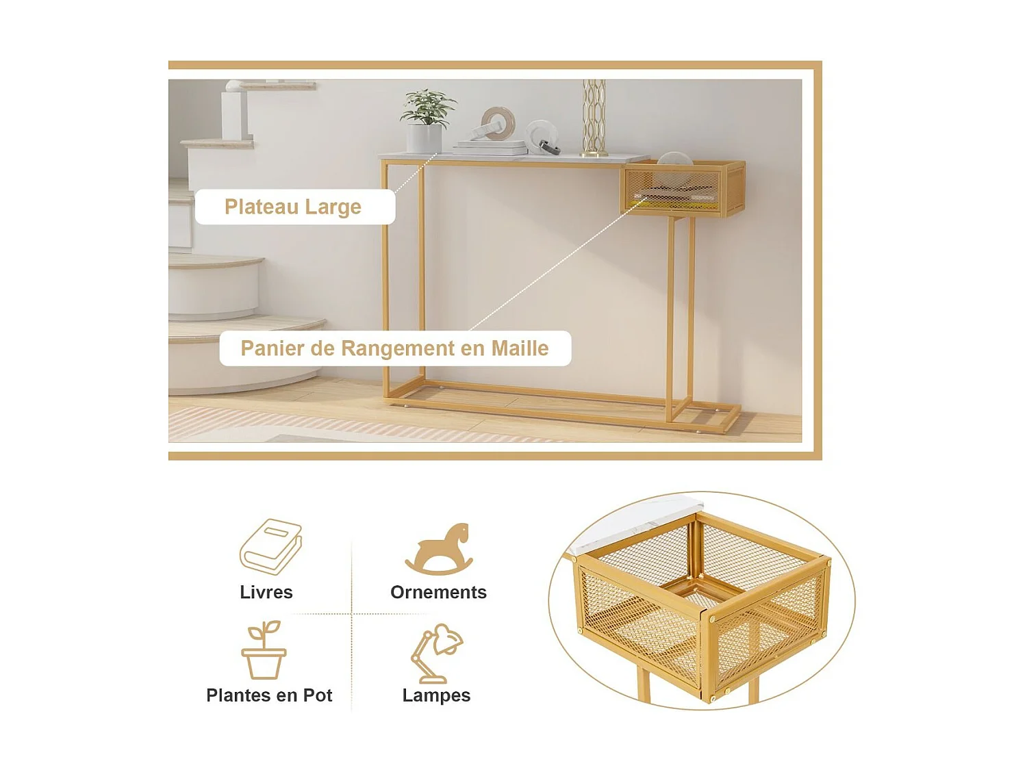 Table Console, en Faux Marbre, Cadre en Métal Doré, Compartiment Latéral,110 x 30 x 80 cm