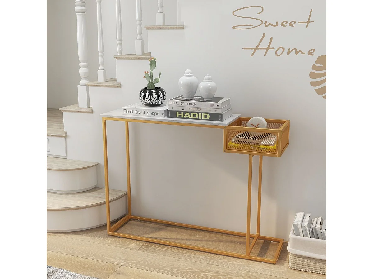 Table Console, en Faux Marbre, Cadre en Métal Doré, Compartiment Latéral,110 x 30 x 80 cm