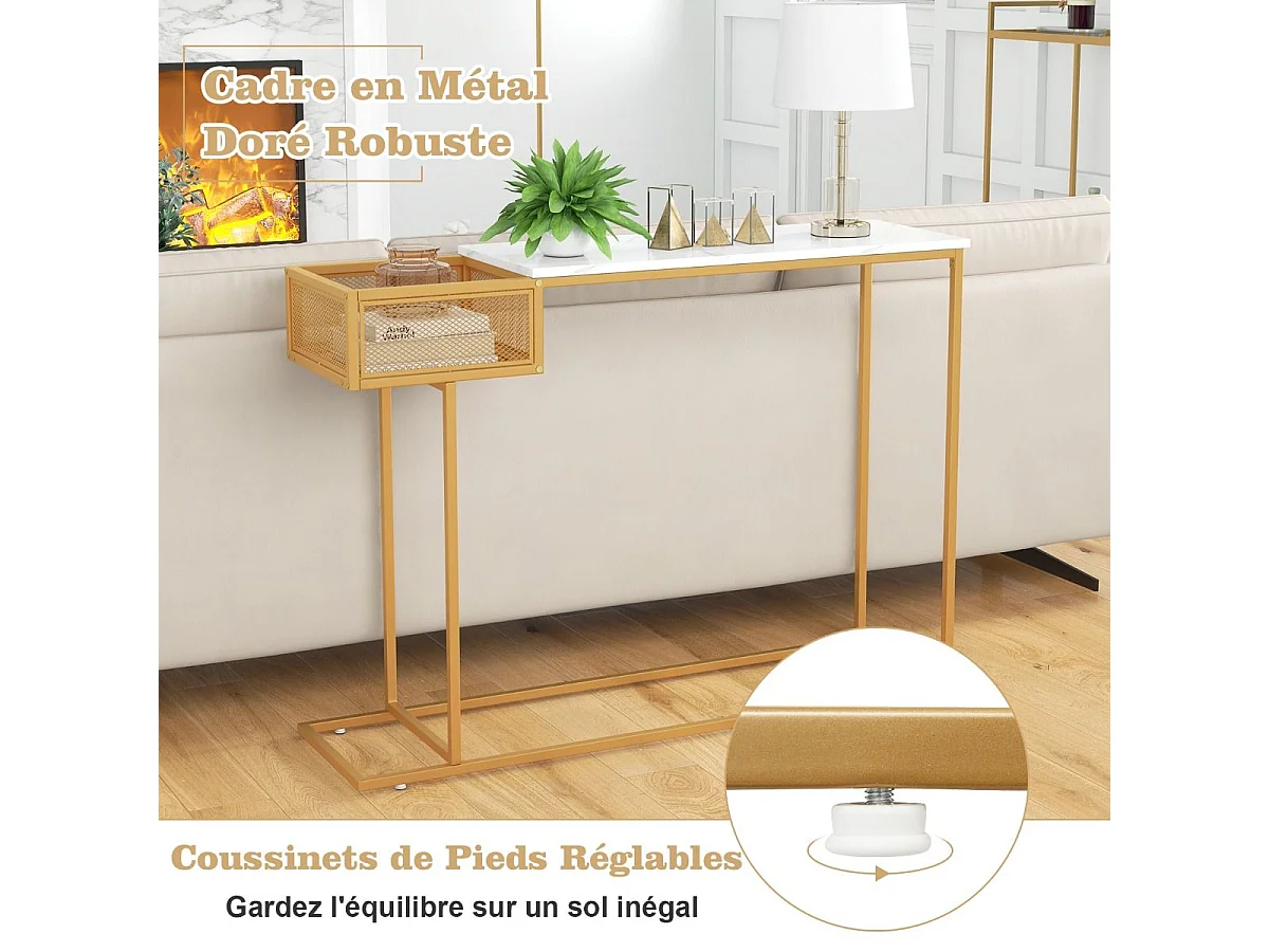 Table Console, en Faux Marbre, Cadre en Métal Doré, Compartiment Latéral,110 x 30 x 80 cm