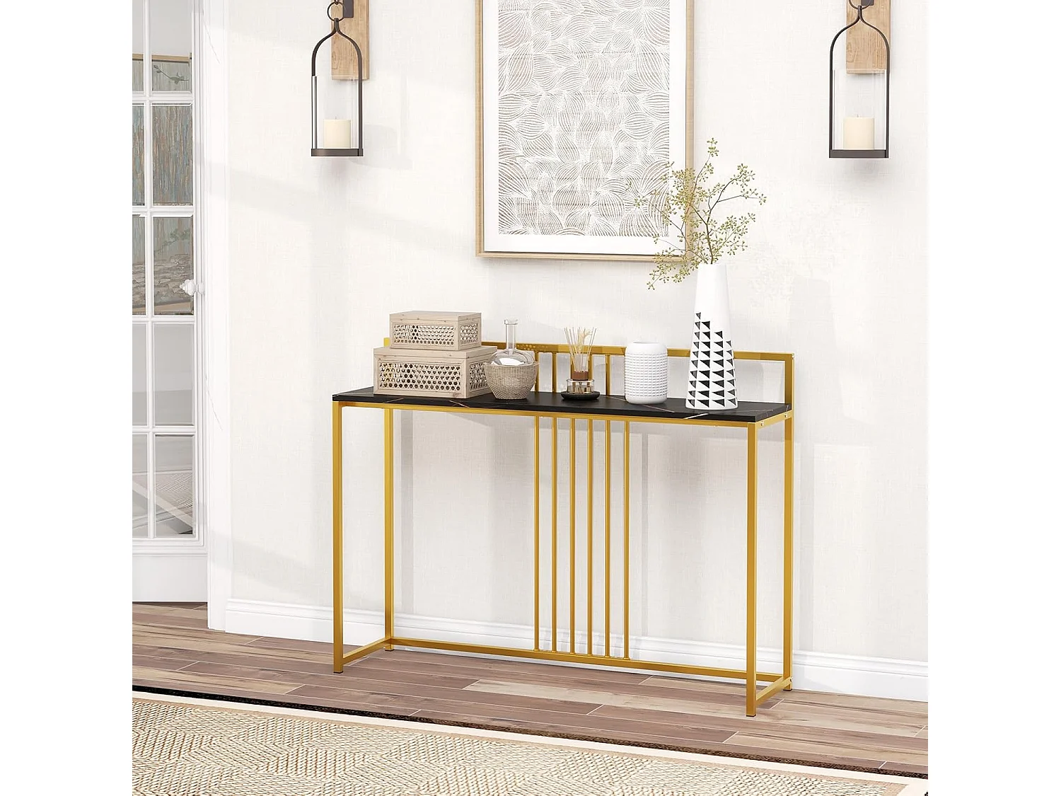 Table console, en faux marbre, design géométrique moderne 120 x 32 x 89 cm (noir)