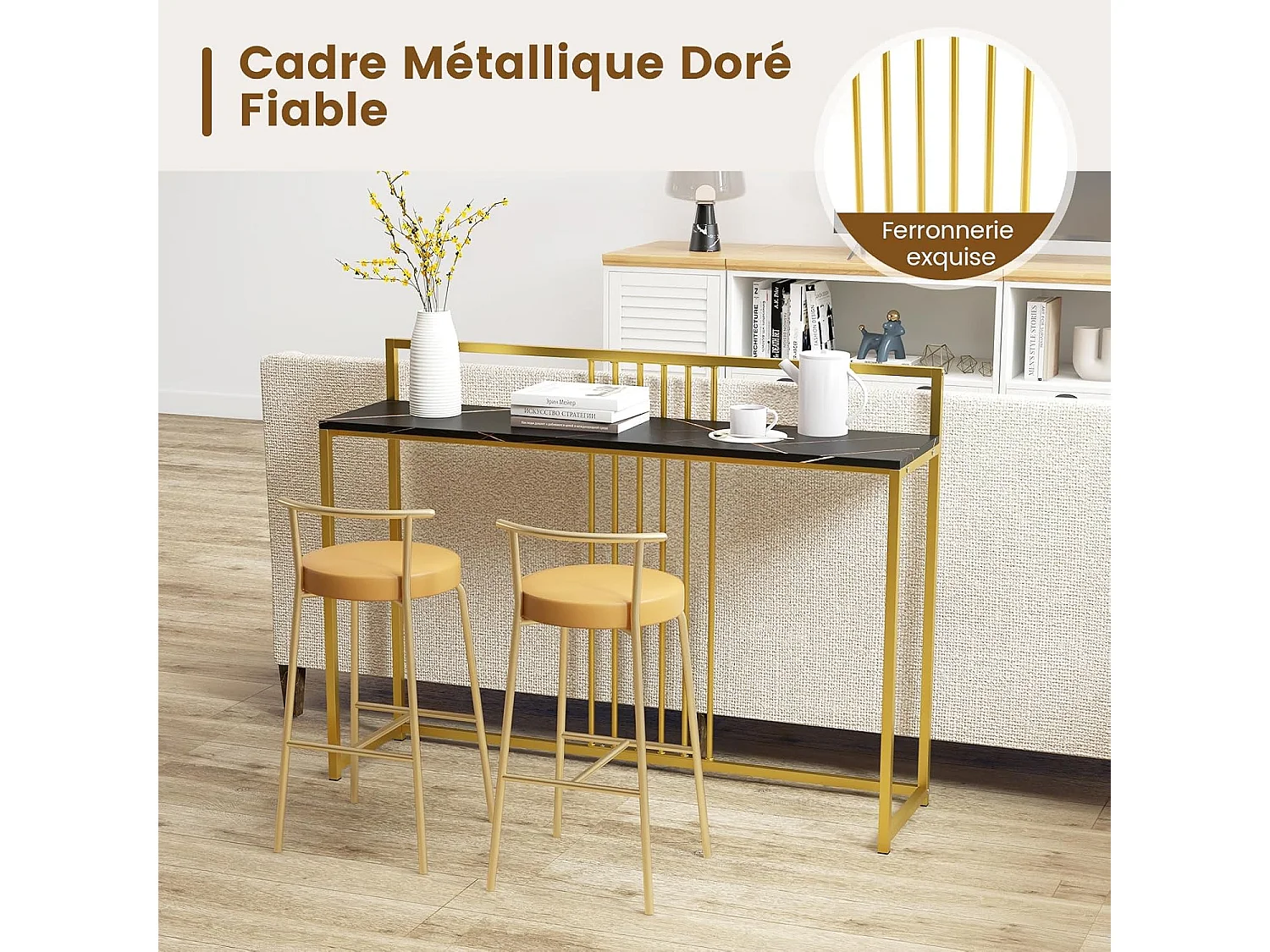 Table console, en faux marbre, design géométrique moderne 120 x 32 x 89 cm (noir)