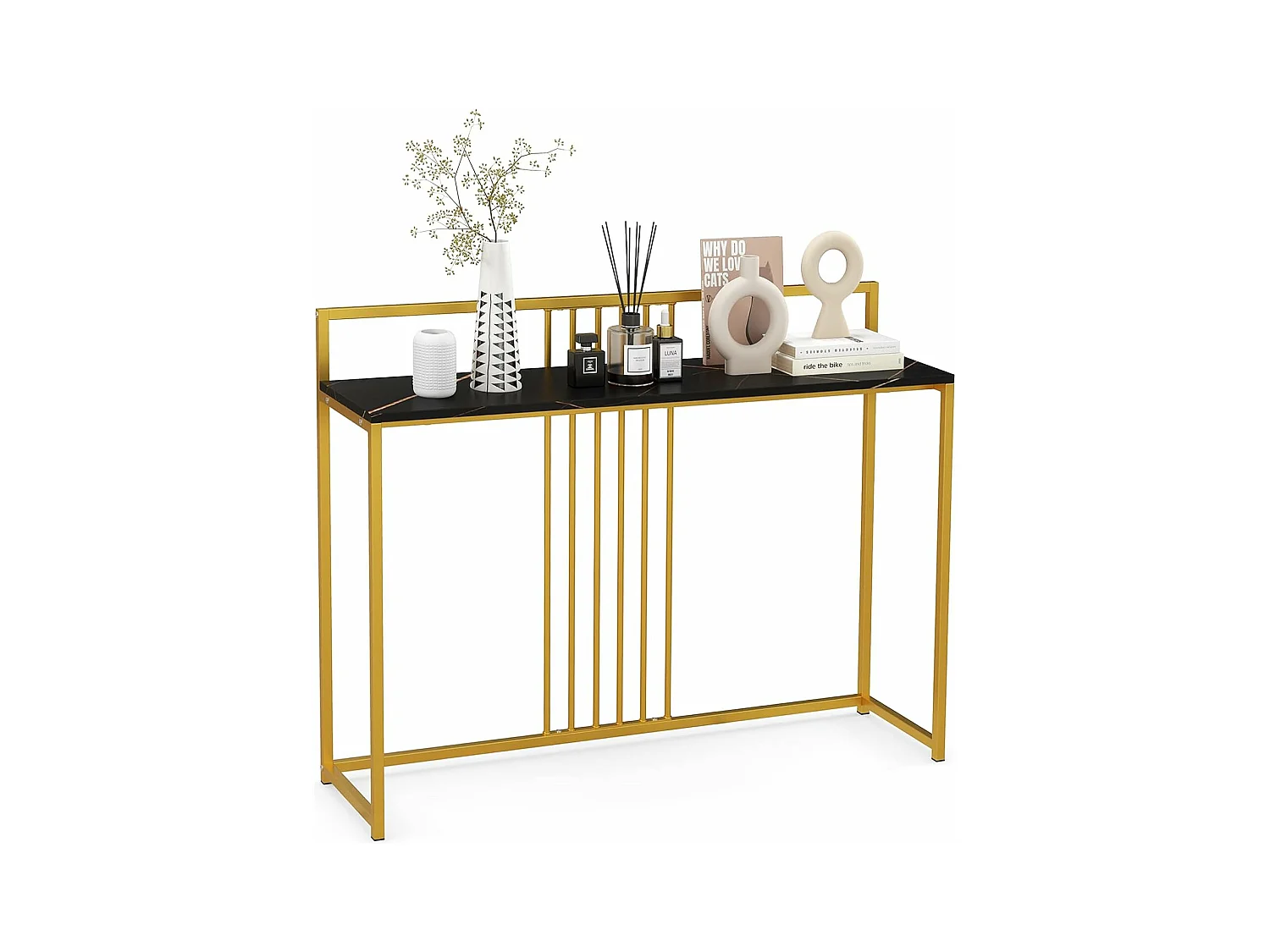 Table console, en faux marbre, design géométrique moderne 120 x 32 x 89 cm (noir)