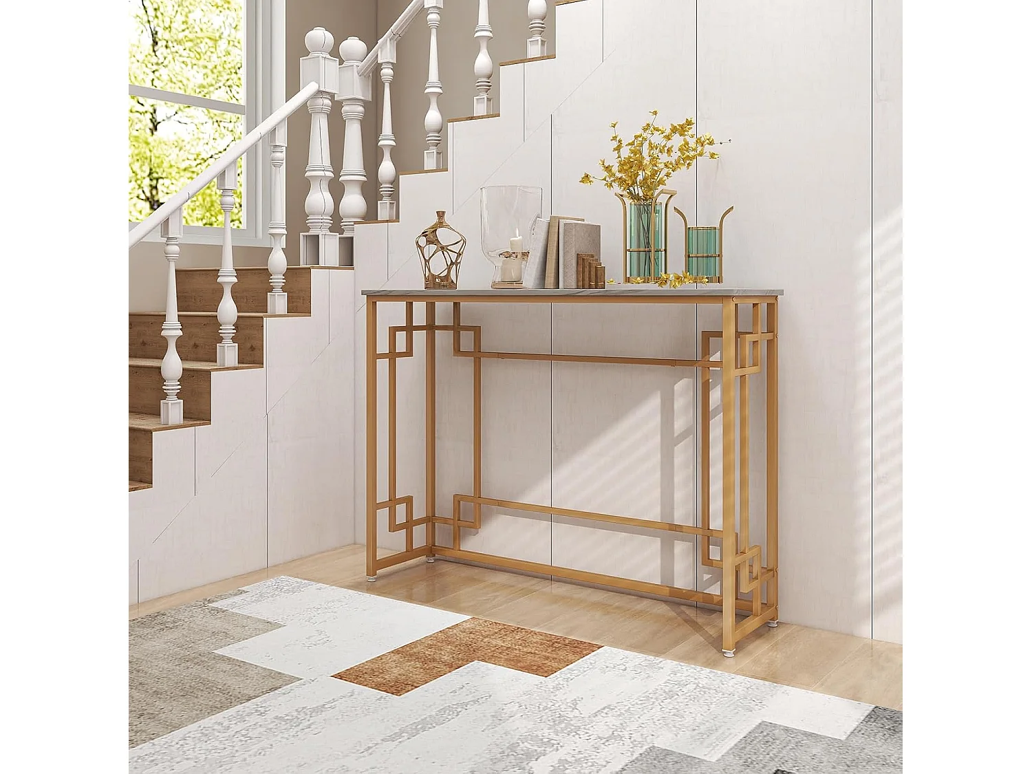 Table console, en faux marbre, cadre en métal doré, design géométrique, 110 x 30 x 81 cm