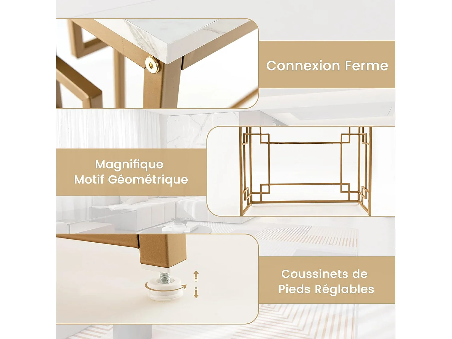 Table console, en faux marbre, cadre en métal doré, design géométrique, 110 x 30 x 81 cm