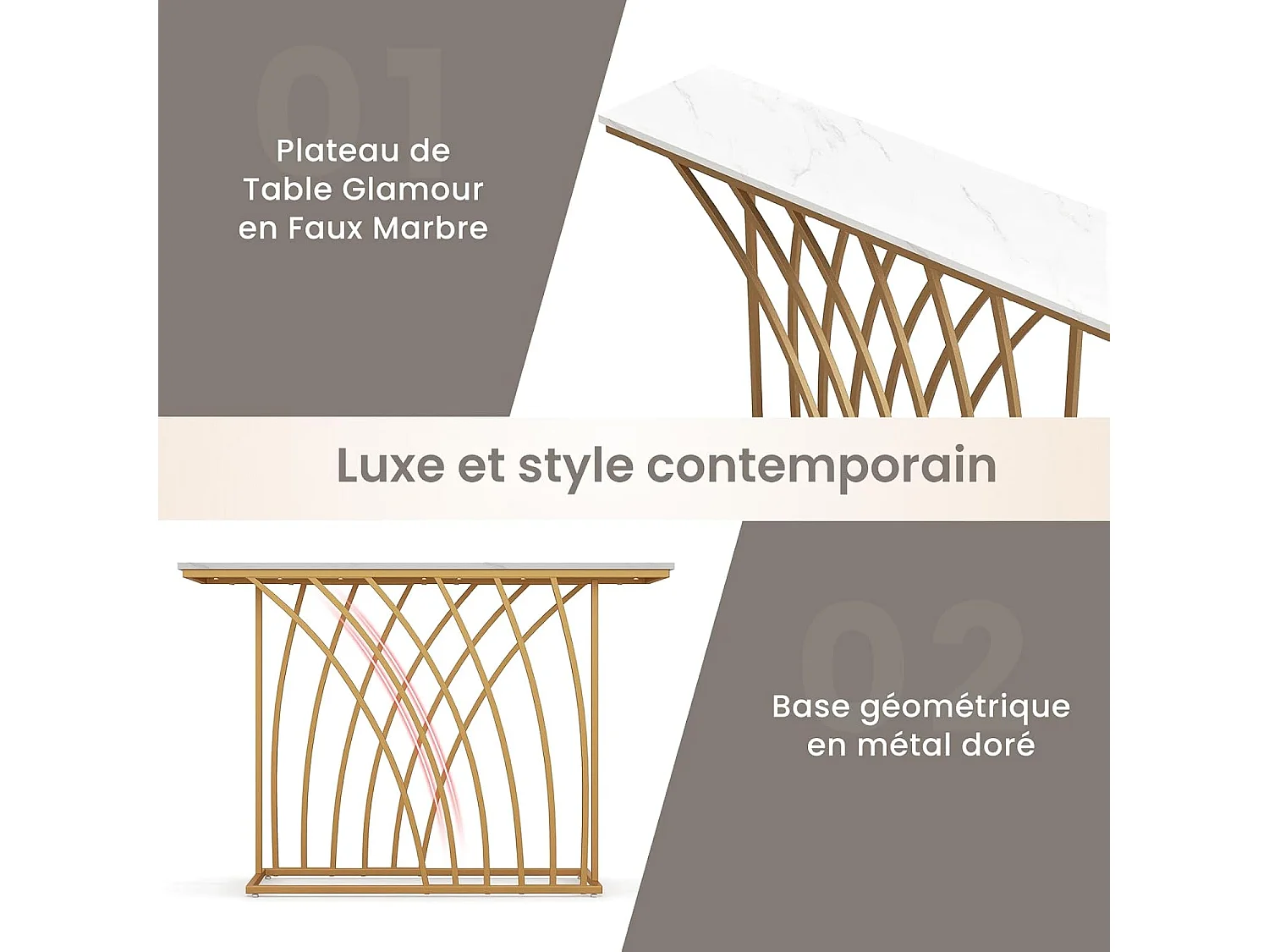 Table console, en faux marbre, design géométrique moderne, 120 x 30 x 80 cm