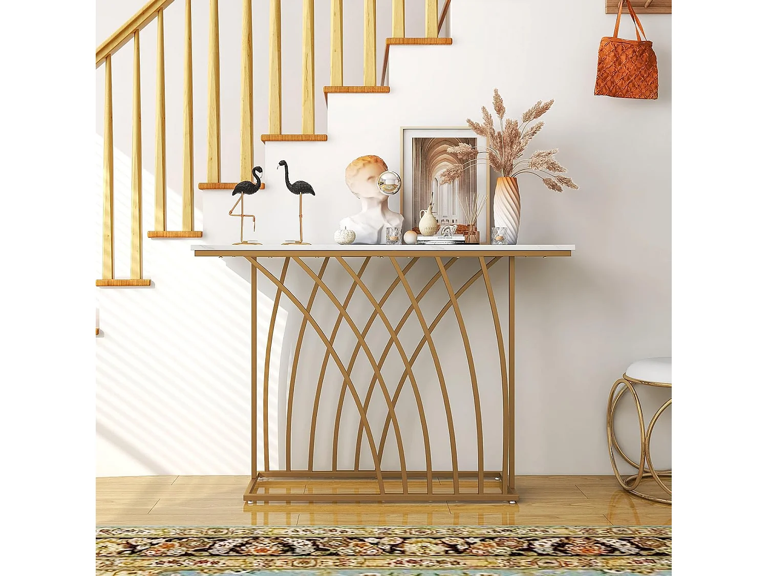 Table console, en faux marbre, design géométrique moderne, 120 x 30 x 80 cm