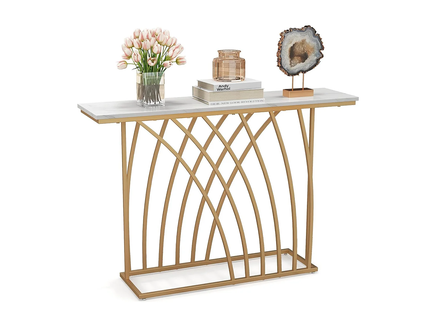Table console, en faux marbre, design géométrique moderne, 120 x 30 x 80 cm
