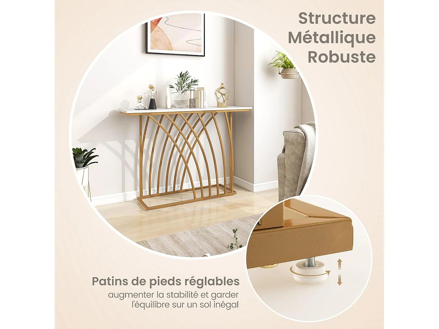 Table console, en faux marbre, design géométrique moderne, 120 x 30 x 80 cm
