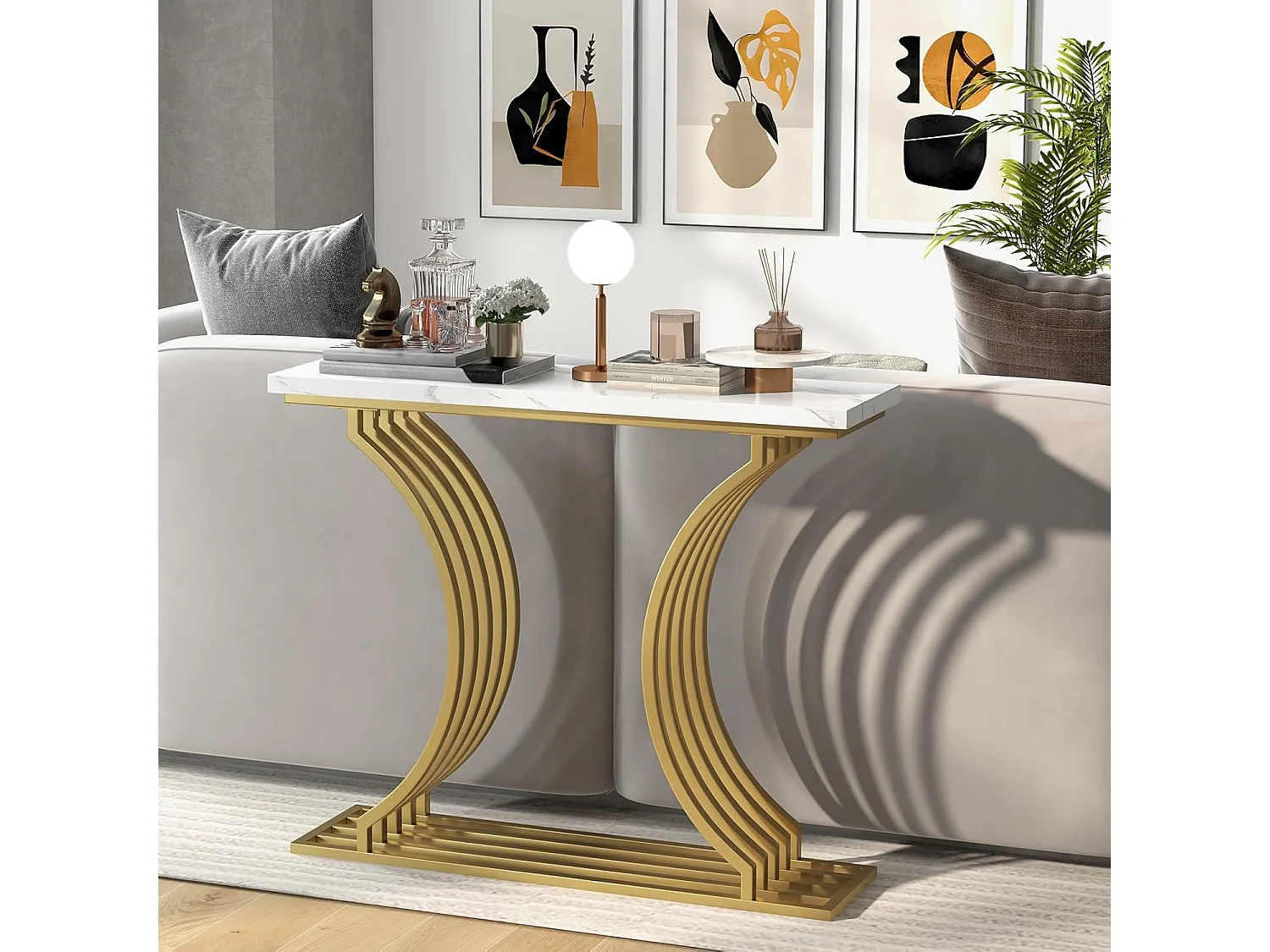 Table Console en Faux Marbre 100 cm, Console Entree Design Géométrique Moderne, Cadre en Métal Doré, Kit Anti-Basculement Inclus, 100 x 29,5 x 80,5 cm