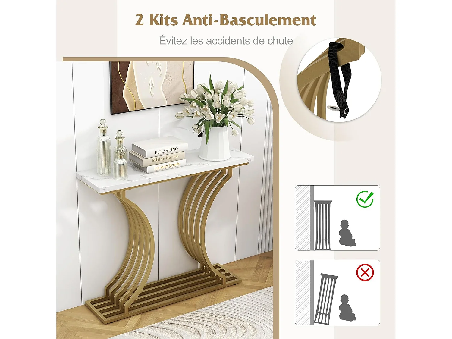 Table Console en Faux Marbre 100 cm, Console Entree Design Géométrique Moderne, Cadre en Métal Doré, Kit Anti-Basculement Inclus, 100 x 29,5 x 80,5 cm