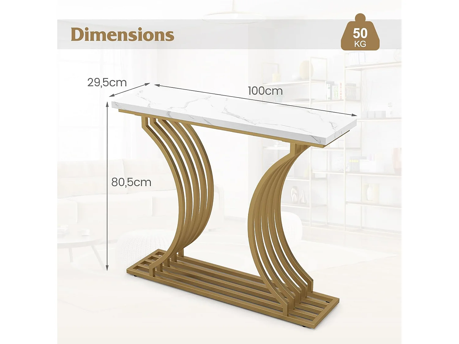 Table Console en Faux Marbre 100 cm, Console Entree Design Géométrique Moderne, Cadre en Métal Doré, Kit Anti-Basculement Inclus, 100 x 29,5 x 80,5 cm