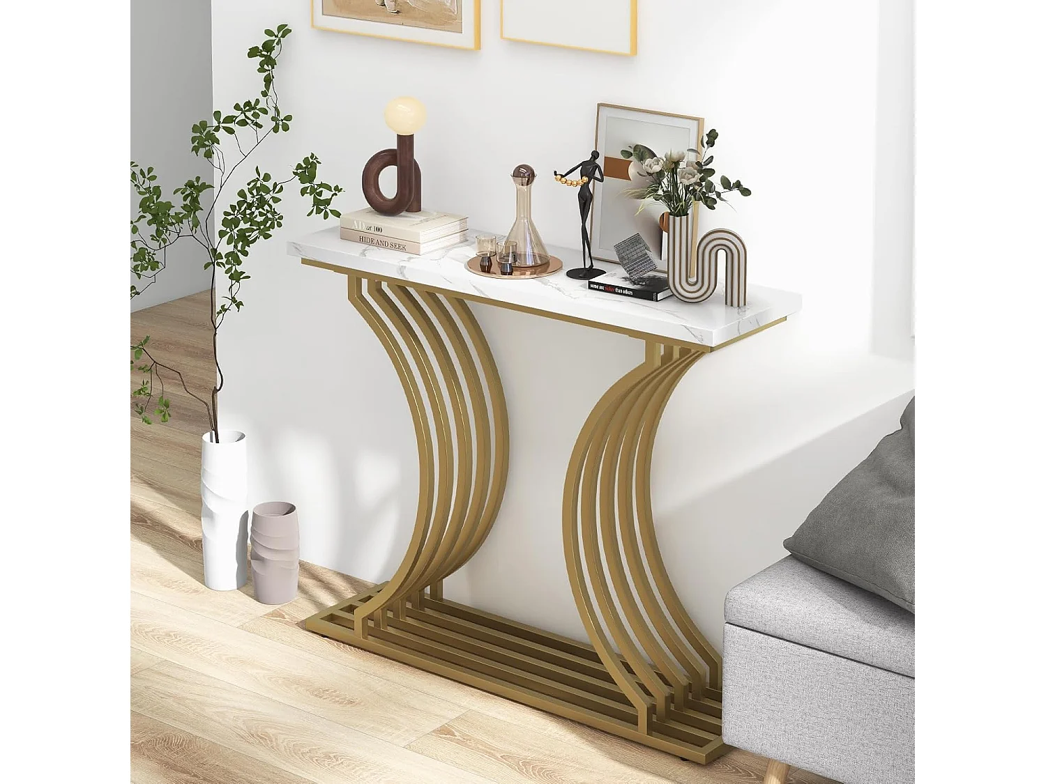 Table Console en Faux Marbre 100 cm, Console Entree Design Géométrique Moderne, Cadre en Métal Doré, Kit Anti-Basculement Inclus, 100 x 29,5 x 80,5 cm