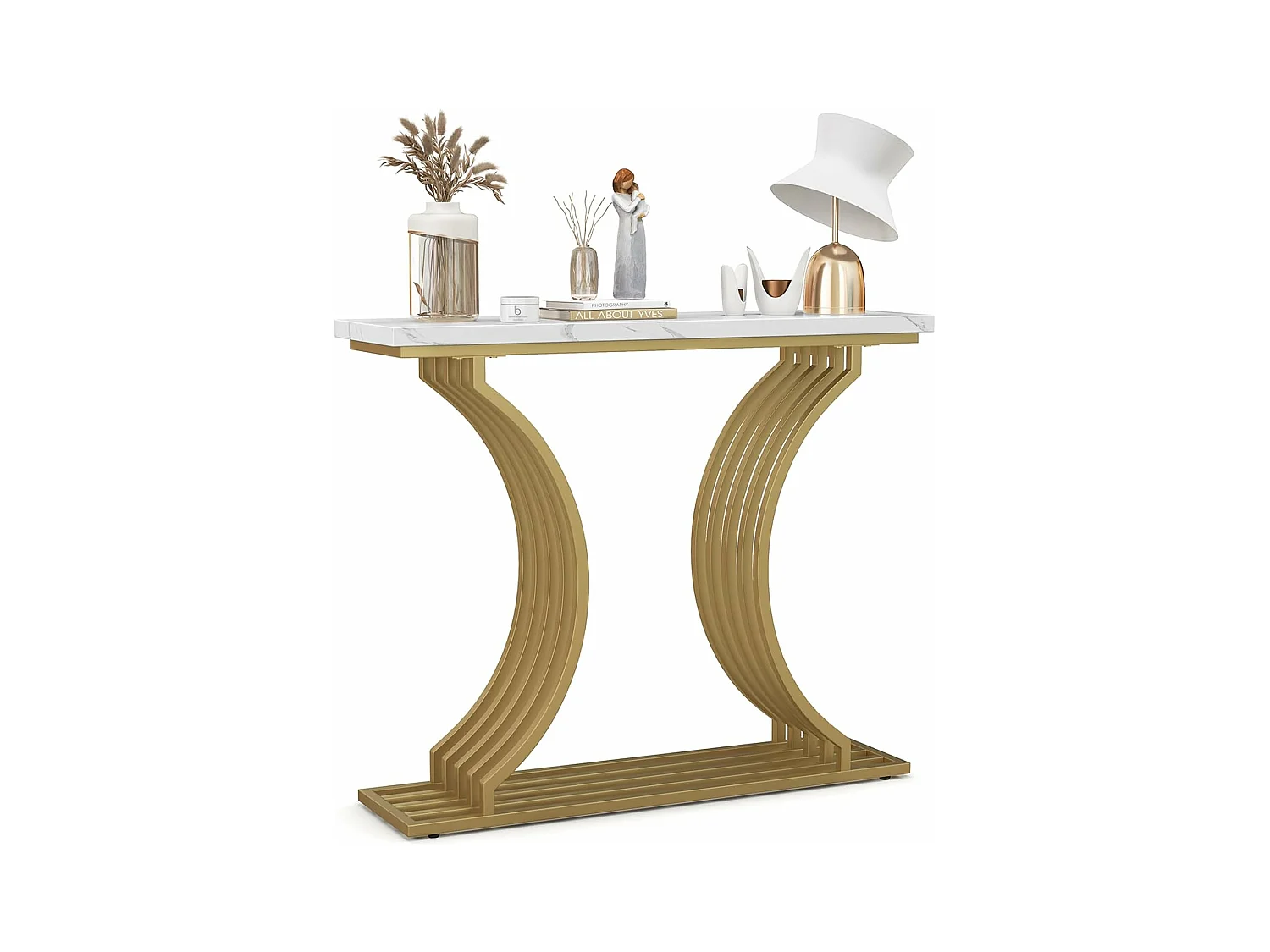 Table Console en Faux Marbre 100 cm, Console Entree Design Géométrique Moderne, Cadre en Métal Doré, Kit Anti-Basculement Inclus, 100 x 29,5 x 80,5 cm