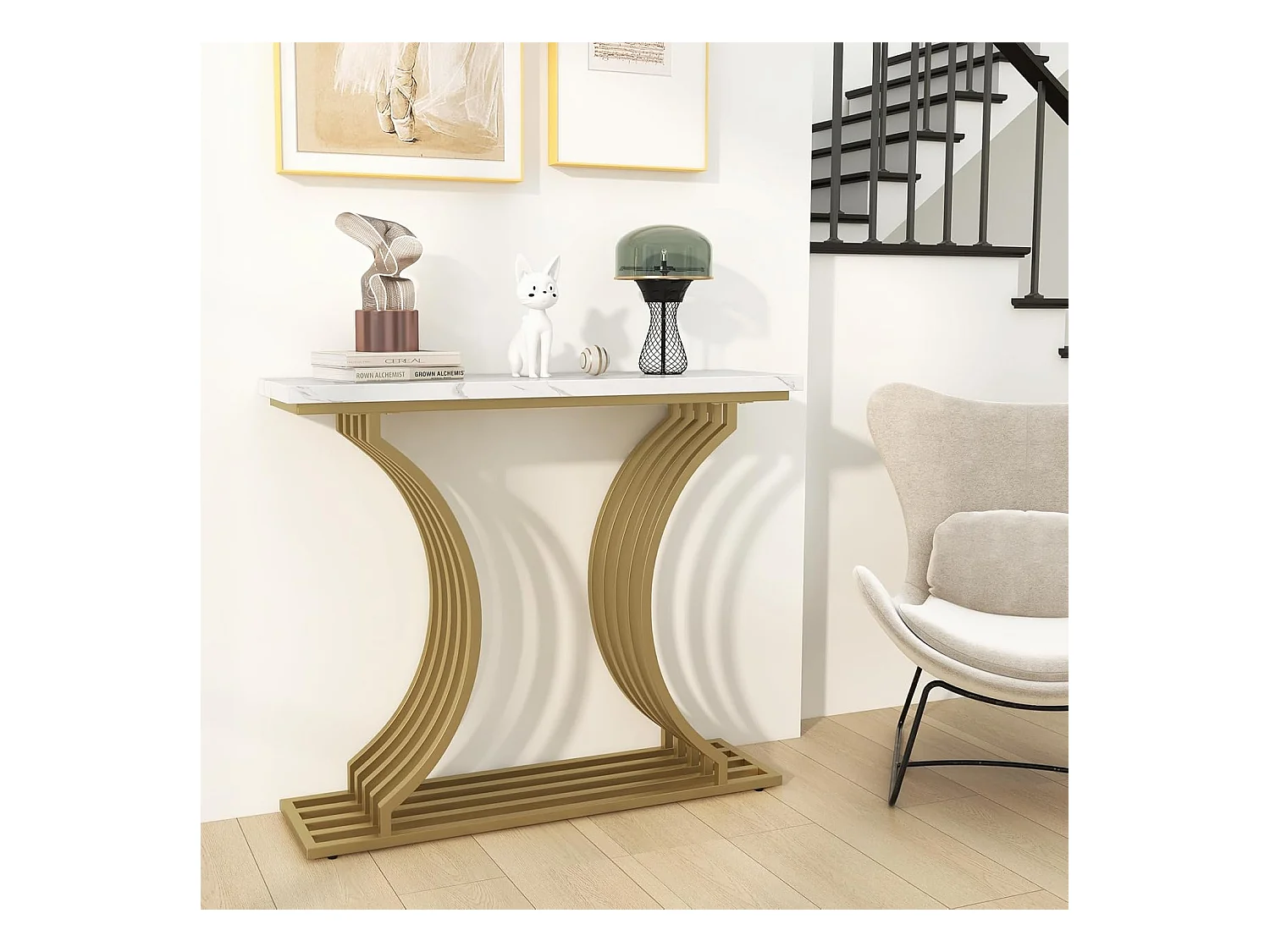 Consoletafel van imitatiemarmer 100 cm, instapconsole met modern geometrisch ontwerp, frame van goudkleurig metaal, anti-tipset inbegrepen, 100 x 29,5 x 80,5 cm